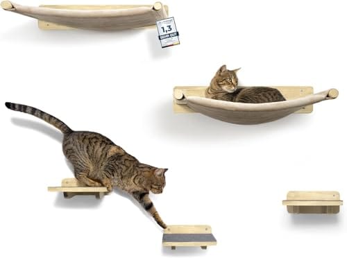 WOOWOOD&reg; 2X Kletterwand Katzen - 3X Katzentreppe Wand- Kratzbaum Wand - H&auml;ngematte Katze - Wandkratzbaum - Katzenm&ouml;bel - Katzenwand - Katzen Kletterwand Set (5 teilig)