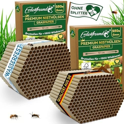ERDENFREUND 6 & 8mm Premium Graspapier Nistr&ouml;hren f&uuml;r Wildbienen ohne Splitter 2x250 Nisth&uuml;lsen Inse