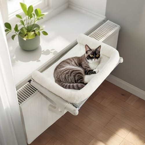 GUUSII HOME Heizungsliege Katzen Katzenliege Balkon Katzenbett f&uuml;r Bettkante Heizung H&auml;ngen Liegeplatz Einh&auml;ngen Bett H&auml;ngematte Heizk&ouml;rper Katze Heizungsliegekatzen 63 * 38cm Halten 18kg(Wei&szlig;,L)